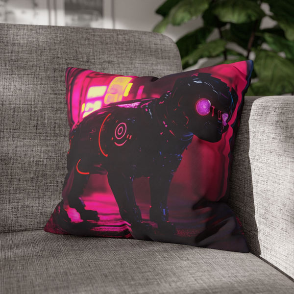 Robot Dog in Neon Lit Alley (Edition V) — Double-Sided Cushion Cover — Sofa & Armchair Living Room Lifestyle View