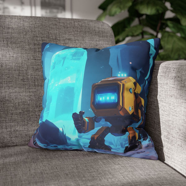 Robot Exploring Crystal Cave — Double-Sided Cushion Cover — Sofa & Armchair Living Room Lifestyle View