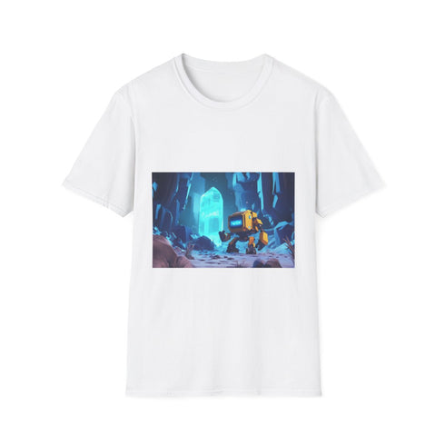 Robot Exploring Crystal Cave — Graphic Cotton T-Shirt — Front Graphic Print View