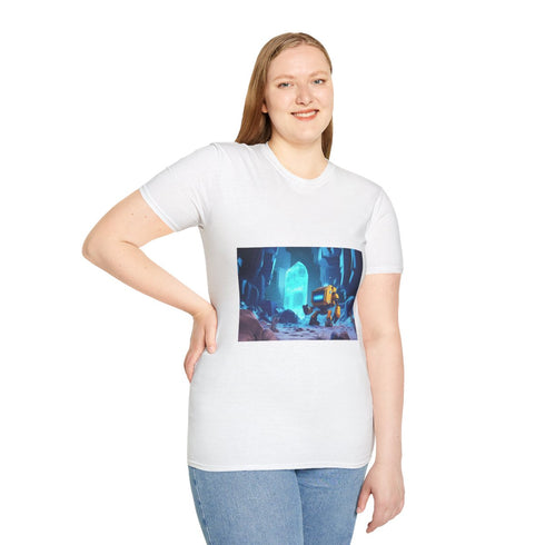 Robot Exploring Crystal Cave — Graphic Cotton T-Shirt — Model Streetwear Fit View