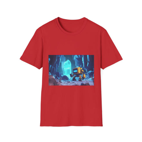 Robot Exploring Crystal Cave — Graphic Cotton T-Shirt — 100% Ring-Spun Cotton Fabric & Print Detail