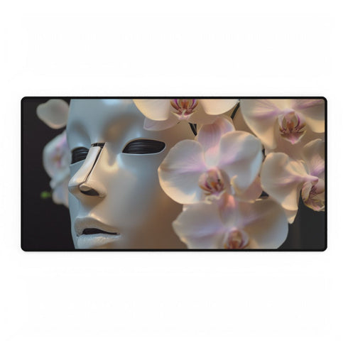 Robot Face Blooming with Orchids — XL & XXL Desk Mat — Full Top-Down Artwork View