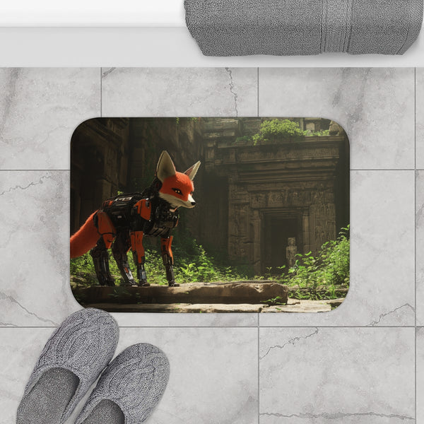 Robot Fox in Ancient Temple Ruins — Memory Foam Bath Mat — Modern Bathroom Floor Lifestyle View