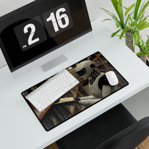 Robot Librarian in Digital Archives — XL & XXL Desk Mat — Gaming & Workspace Desk Setup View