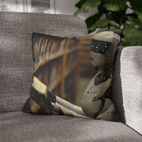 Robot Librarian in Digital Archives — 40×40 Cushion Cover — Double-Sided Back & Concealed Zip Detail