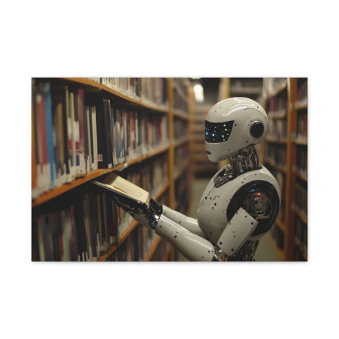 Robot Librarian in Digital Archives — 24×16 Canvas Wall Art — Front Gallery-Wrapped Canvas View