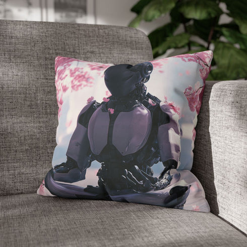 Robot Monk Meditating Under Cherry Blossoms — Double-Sided Cushion Cover — Sofa & Armchair Living Room Lifestyle View