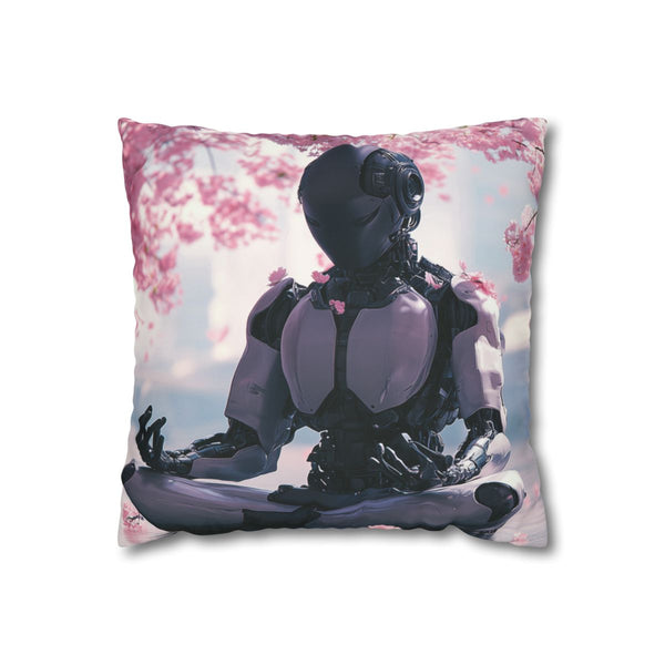 Robot Monk Meditating Under Cherry Blossoms — Double-Sided Cushion Cover — Front Double-Sided Cushion View