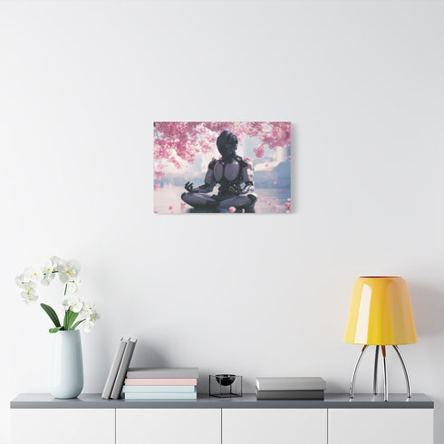 Robot Monk Meditating under Cherry Blossoms — Stretched Canvas Wall Art — Living Room Wall Lifestyle View