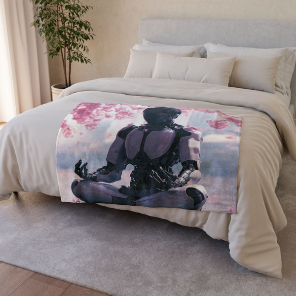 Robot Monk Meditating Under Cherry Blossoms — Plush Fleece Throw Blanket — Drape over Sofa & Bed Lifestyle View