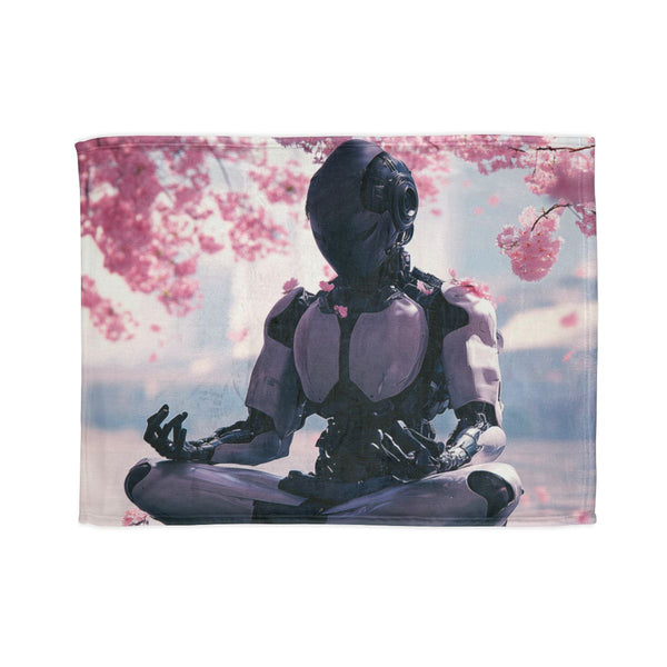 Robot Monk Meditating Under Cherry Blossoms — Plush Fleece Throw Blanket — Full Spread Plush Fleece Artwork View