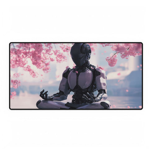 Robot Monk Meditating Under Cherry Blossoms — XXL Gaming Desk Mat — Full Top-Down Artwork View