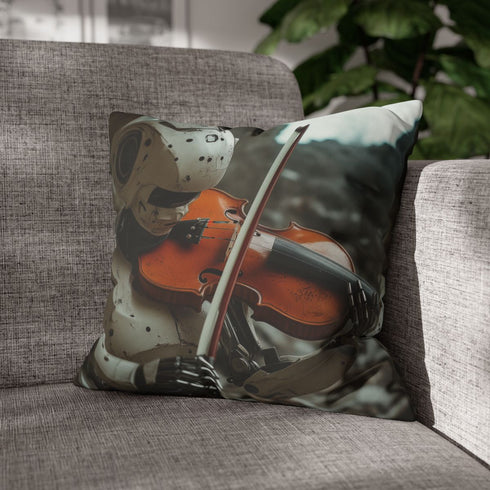 Robot Playing Violin in Ruins — 40×40 Cushion Cover — Sofa & Living Room Lifestyle View
