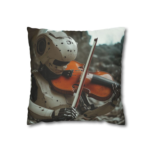Robot Playing Violin in Ruins — 40×40 Cushion Cover — Front 40×40 cm Square Cushion View