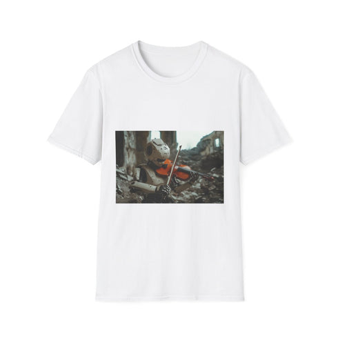 Robot Playing Violin in Ruins Graphic Unisex Softstyle T-Shirt - Front View