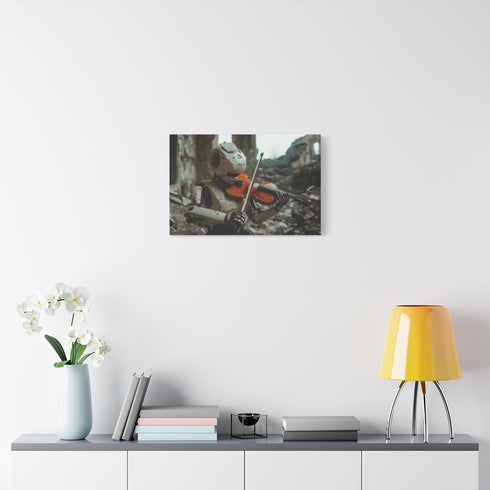 Robot Playing Violin in Ruins — Stretched Canvas Wall Art — Living Room Wall Lifestyle View