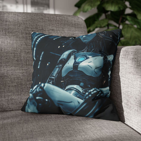 Robot Queen Sitting on Data Throne — Double-Sided Cushion Cover — Sofa & Armchair Living Room Lifestyle View
