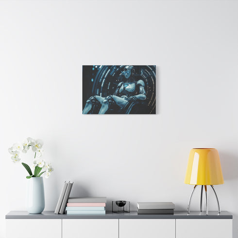 Robot Queen Sitting on Data Throne — Stretched Canvas Wall Art — Living Room Wall Lifestyle View