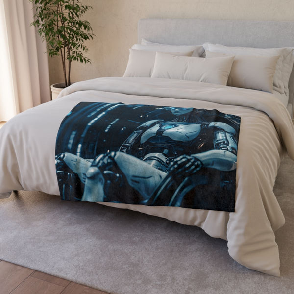 Robot Queen Sitting on Data Throne — Plush Fleece Throw Blanket — Drape over Sofa & Bed Lifestyle View