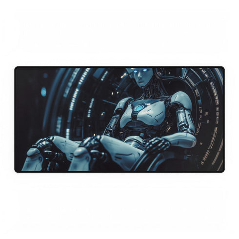 Robot Queen Sitting on Data Throne — XXL Gaming Desk Mat — Full Top-Down Artwork View