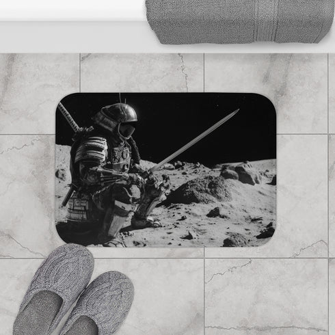 Robot Samurai on Lunar Battlefield — Memory Foam Bath Mat — Modern Bathroom Floor Lifestyle View