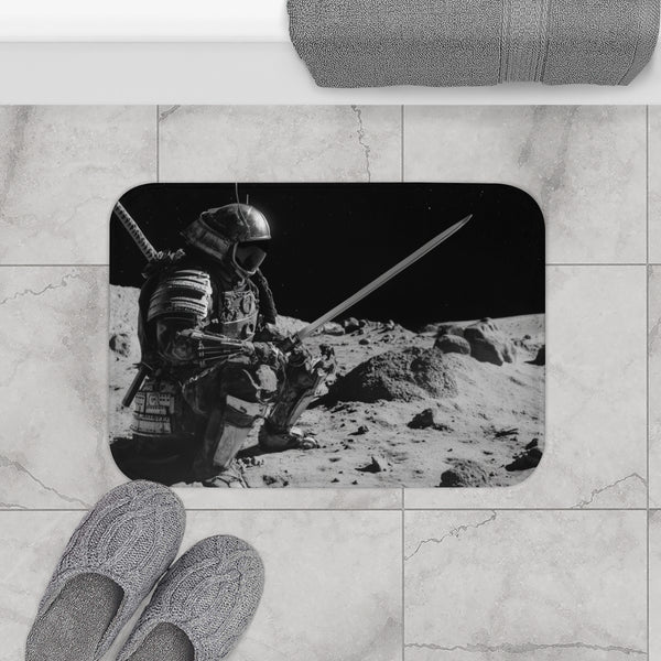 Robot Samurai on Lunar Battlefield — Memory Foam Bath Mat — Modern Bathroom Floor Lifestyle View