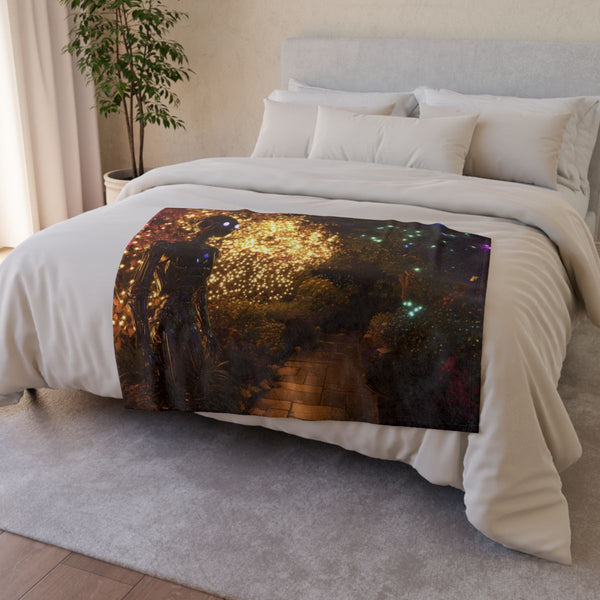 Robot Tending Starlight Garden (Edition IV) — Plush Fleece Throw Blanket — Drape over Sofa & Bed Lifestyle View