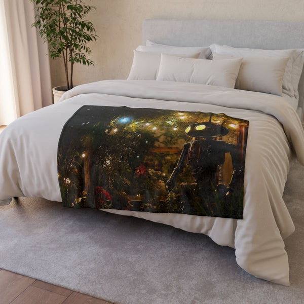 Robot Tending Starlight Garden (Edition V) — Plush Fleece Throw Blanket — Drape over Sofa & Bed Lifestyle View