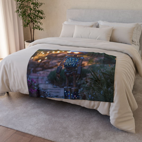 Robot Tending Starlight Garden (Edition VII) — Plush Fleece Throw Blanket — Drape over Sofa & Bed Lifestyle View