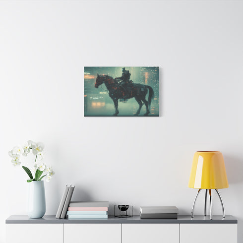 Robotic Centaur in Data Storm — Stretched Canvas Wall Art — Living Room Wall Lifestyle View