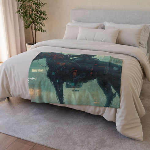 Robotic Centaur in Data Storm — 50×60 Plush Throw Blanket — 300 GSM Plush Coral Fleece Texture Close-Up