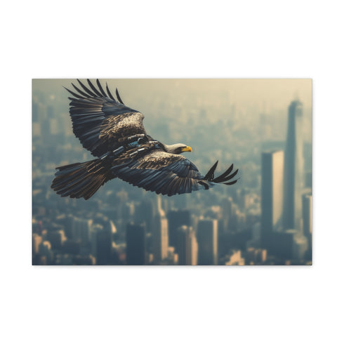 Robotic Eagle Soaring Above City (Edition II) — 24×16 Canvas Wall Art — Front Gallery-Wrapped Canvas View