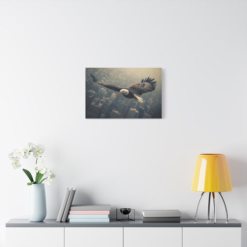 Robotic Eagle Soaring Above City (Edition IV) — 24×16 Canvas Wall Art — Living Room Wall Lifestyle View