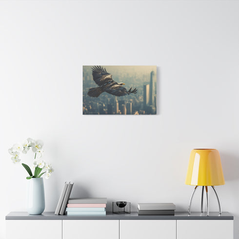 Robotic Eagle Soaring Above City — Stretched Canvas Wall Art — Living Room Wall Lifestyle View