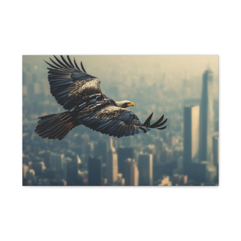 Robotic Eagle Soaring Above City — 24×16 Canvas Wall Art — Front Gallery-Wrapped Canvas View