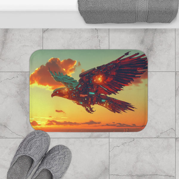 Robotic Falcon Soaring Across Neon Sunrise (Edition III) — Memory Foam Bath Mat — Modern Bathroom Floor Lifestyle View