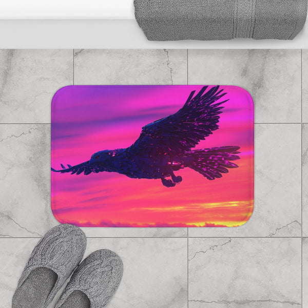 Robotic Falcon Soaring Across Neon Sunrise (Edition IV) — Memory Foam Bath Mat — Modern Bathroom Floor Lifestyle View