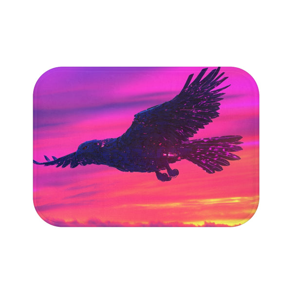 Robotic Falcon Soaring Across Neon Sunrise (Edition IV) — Memory Foam Bath Mat — Top-Down Memory Foam Bath Mat View
