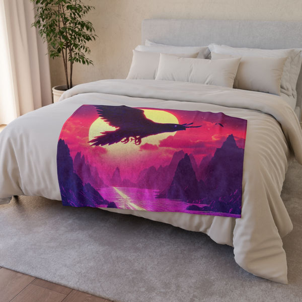 Robotic Falcon Soaring Across Neon Sunrise — Plush Fleece Throw Blanket — Drape over Sofa & Bed Lifestyle View