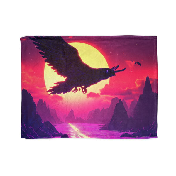 Robotic Falcon Soaring Across Neon Sunrise — Plush Fleece Throw Blanket — Full Spread Plush Fleece Artwork View