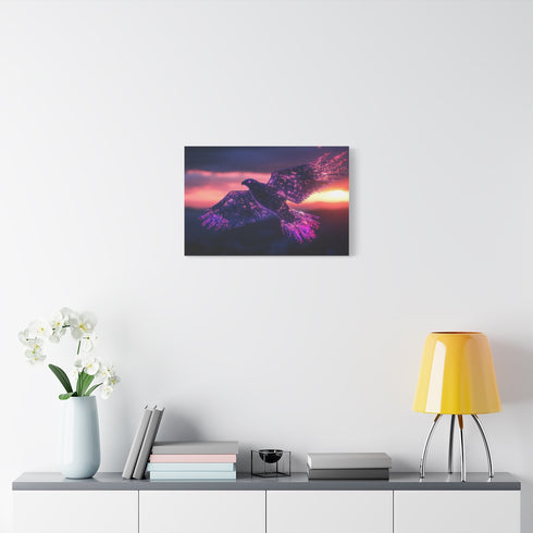 Robotic Falcon Soaring Across Neon Sunrise — Stretched Canvas Wall Art — Living Room Wall Lifestyle View