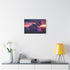 Robotic Falcon Soaring Across Neon Sunrise — Stretched Canvas Wall Art — Living Room Wall Lifestyle View