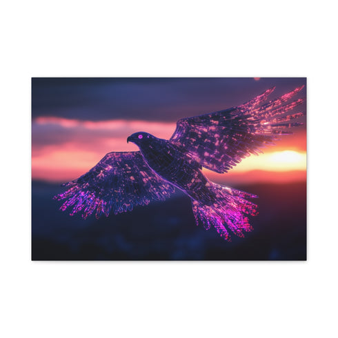 Robotic Falcon Soaring Across Neon Sunrise — 24×16 Canvas Wall Art — Front Gallery-Wrapped Canvas View