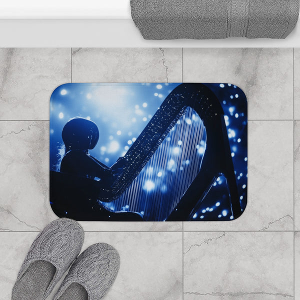 Robotic Harp Playing Stardust Music — Memory Foam Bath Mat — Modern Bathroom Floor Lifestyle View