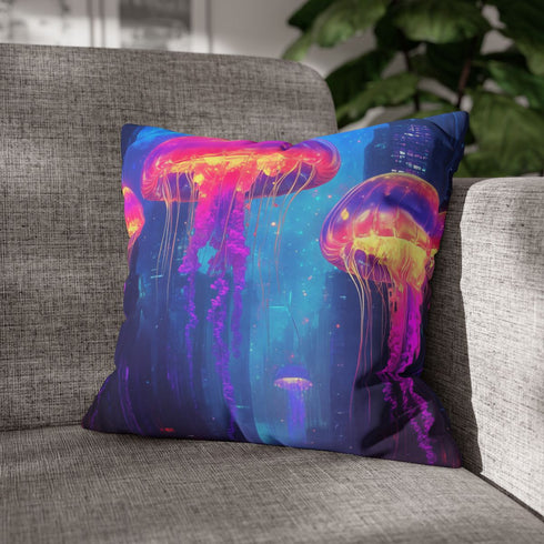 Robotic Jellyfish Cityscape — Double-Sided Cushion Cover — Sofa & Armchair Living Room Lifestyle View