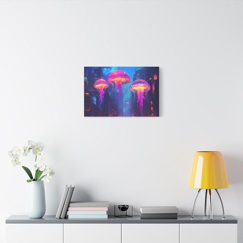 Robotic Jellyfish Cityscape — Stretched Canvas Wall Art — Living Room Wall Lifestyle View