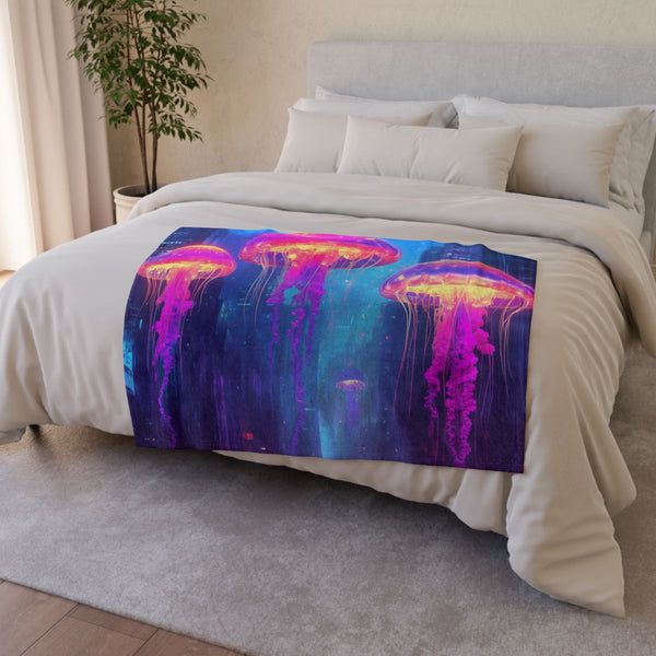 Robotic Jellyfish Cityscape — Plush Fleece Throw Blanket — Drape over Sofa & Bed Lifestyle View