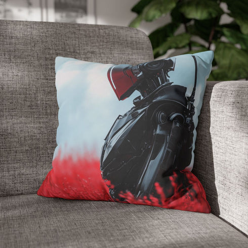 Robotic Knight Standing in Field — Double-Sided Cushion Cover — Sofa & Armchair Living Room Lifestyle View