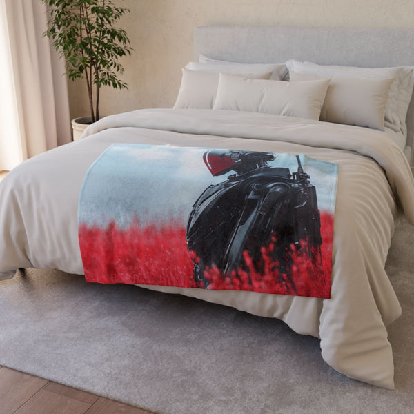 Robotic Knight Standing in Field — Plush Fleece Throw Blanket — Drape over Sofa & Bed Lifestyle View