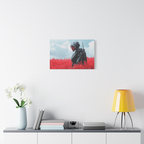 Robotic Knight Standing in Field — Stretched Canvas Wall Art — Living Room Wall Lifestyle View